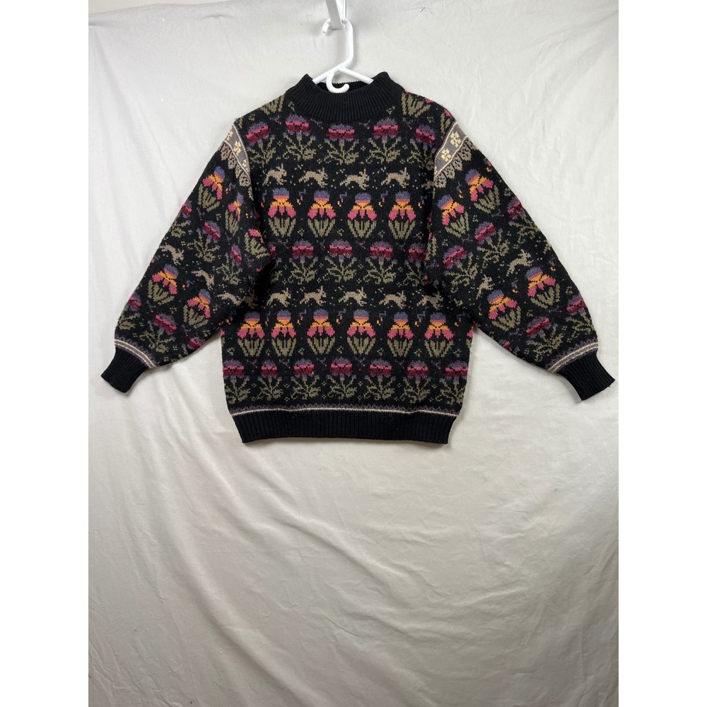 The Import Workshop Sweater Womens Medium Black Floral Rabbit Mock Neck Vintage
